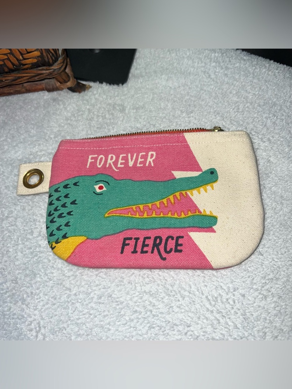 Forever Fierce Crocodile Canvas Zip Pouch - Pink & Teal Danica Studio Gator